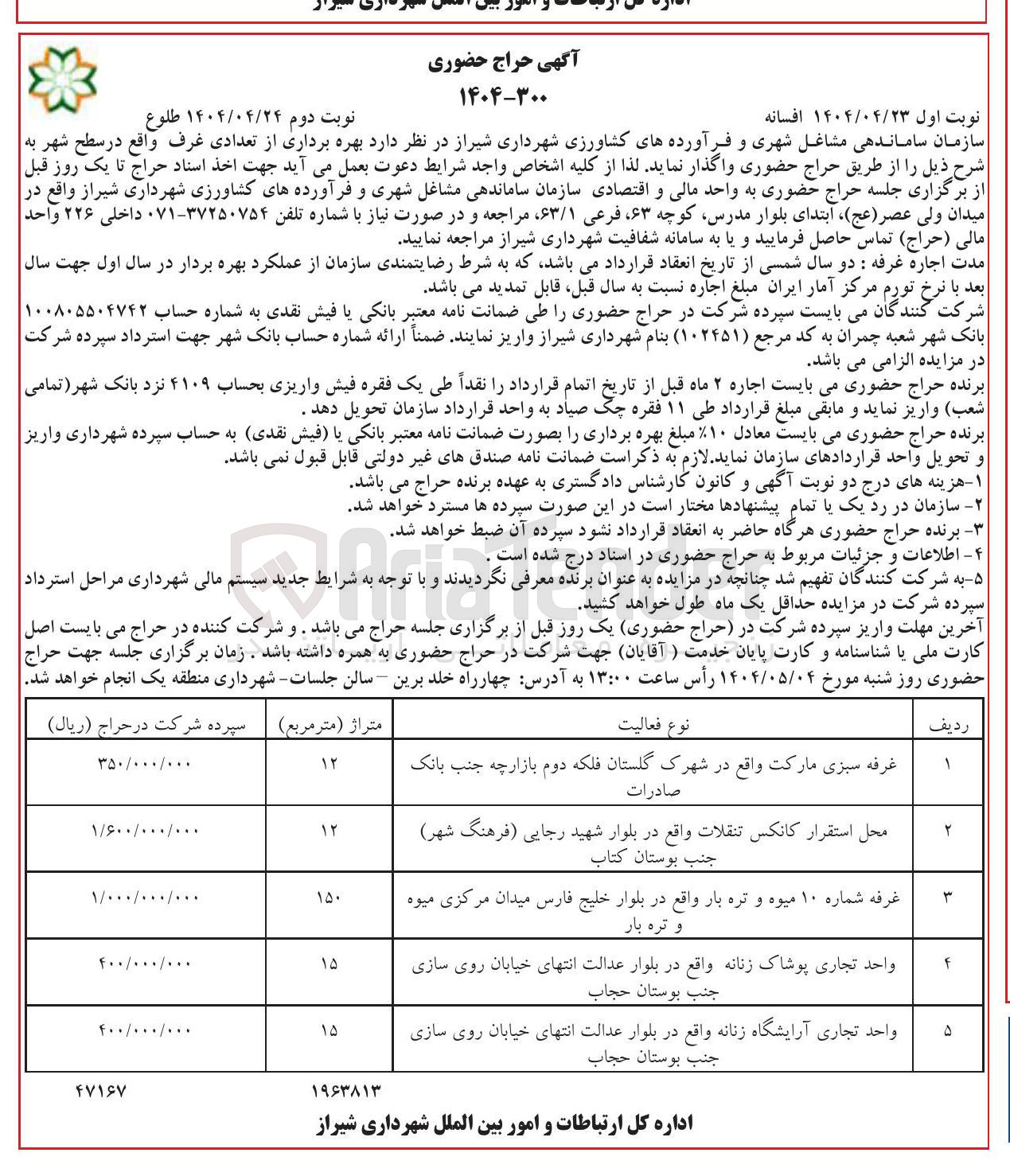تصویر کوچک آگهی بهره برداری از تعدادی غرف در 5 ردیف (غرفه سبزی مارکت - استقرار کانکس تنقلات - غرفه شماره 10 میوه و تره بار - واحد تجاری پوشاک زنانه - آرایشگاه زنانه)