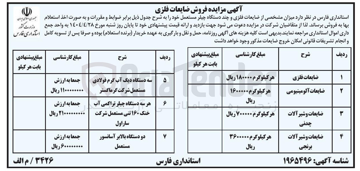 تصویر کوچک آگهی فروش ضایعات فلزی ، آلومینیومی، شیرآلات چدنی، شیرآلات برنجی و سه دستگاه دیگ آب گرم فولادی مستعمل و سه دستگاه چیلر تراکمی آب خنک 160 تنی مستعمل و دو دستگاه بالابر آسانسور مستعمل
