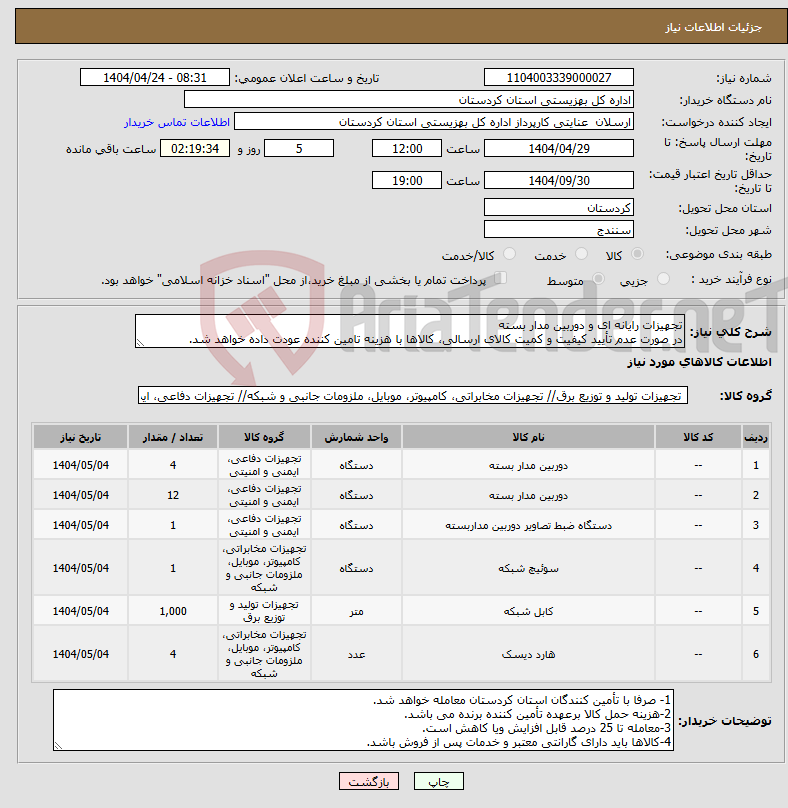 تصویر کوچک آگهی نیاز انتخاب تامین کننده-تجهیزات رایانه ای و دوربین مدار بسته در صورت عدم تأیید کیفیت و کمیت کالای ارسالی، کالاها با هزینه تامین کننده عودت داده خواهد شد.