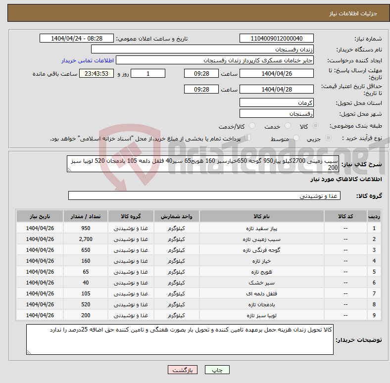 تصویر کوچک آگهی نیاز انتخاب تامین کننده-سیب زمینی 2700کیلو پیاز950 گوجه 650خیارسبز 160 هویج65 سیر40 فلفل دلمه 105 بادمجان 520 لوبیا سبز 200