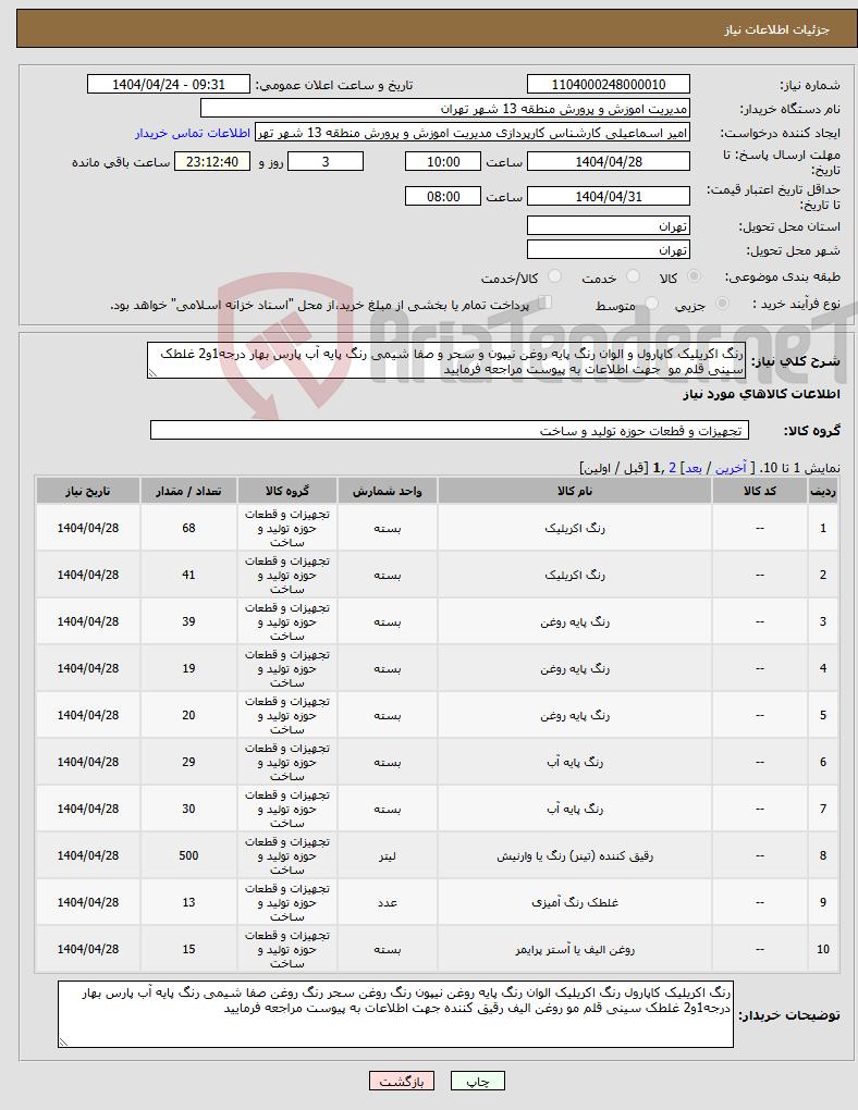 تصویر کوچک آگهی نیاز انتخاب تامین کننده-رنگ اکریلیک کاپارول و الوان رنگ پایه روغن نیپون و سحر و صفا شیمی رنگ پایه آب پارس بهار درجه1و2 غلطک سینی قلم مو جهت اطلاعات به پیوست مراجعه فرمایید