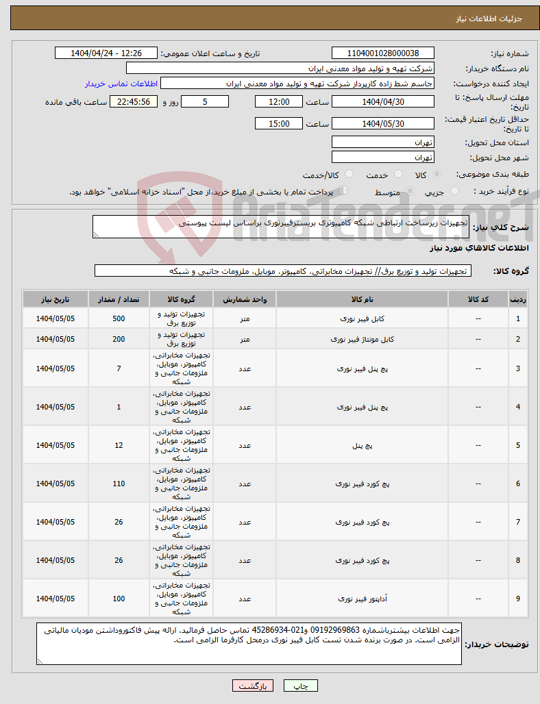 تصویر کوچک آگهی نیاز انتخاب تامین کننده-تجهیزات زیرساخت ارتباطی شبکه کامپیوتری بربسترفیبرنوری براساس لیست پیوستی