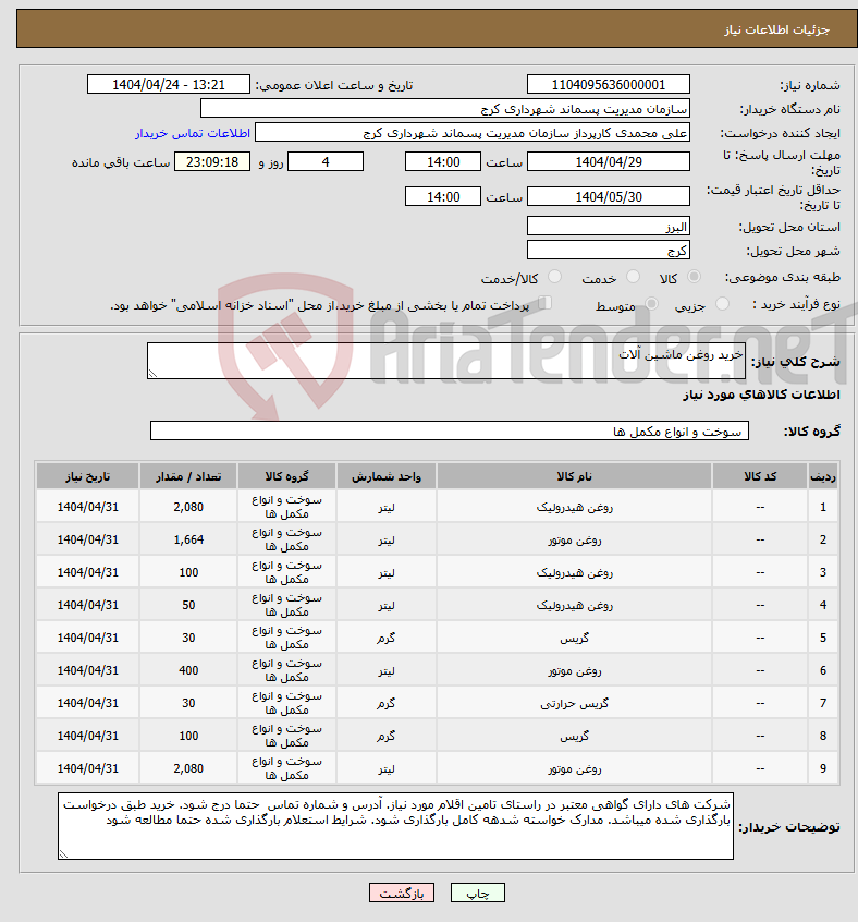 تصویر کوچک آگهی نیاز انتخاب تامین کننده-خرید روغن ماشین آلات