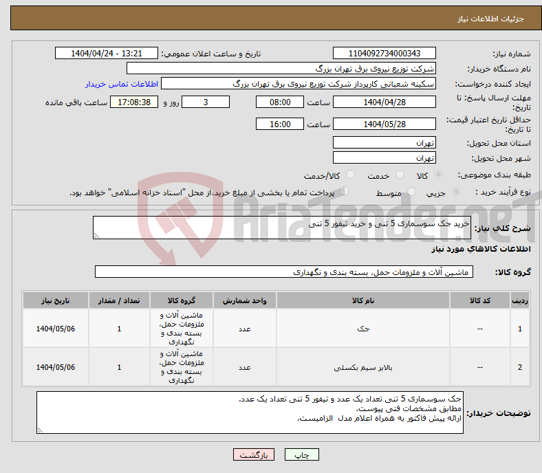 تصویر کوچک آگهی نیاز انتخاب تامین کننده-خرید جک سوسماری 5 تنی و خرید تیفور 5 تنی 