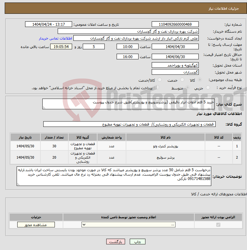 تصویر کوچک آگهی نیاز انتخاب تامین کننده-خرید 5 قلم ادوات ابزار دقیقی (پرشرسوییچ و پوزیشنر)طبق شرح جدول پیوست