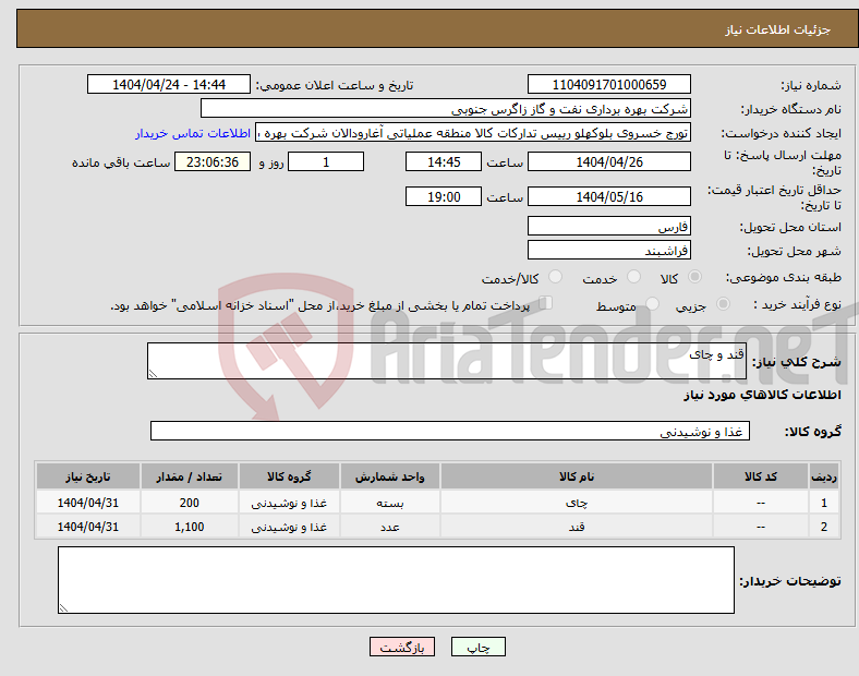 تصویر کوچک آگهی نیاز انتخاب تامین کننده-قند و چای