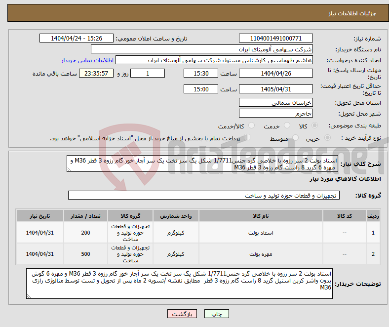 تصویر کوچک آگهی نیاز انتخاب تامین کننده-استاد بولت 2 سر رزوه با خلاصی گرد جنس1/7711 شکل یگ سر تخت یک سر آچار خور گام رزوه 3 قطر M36 و مهره 6 گرید 8 راست گام رزوه 3 قطر M36