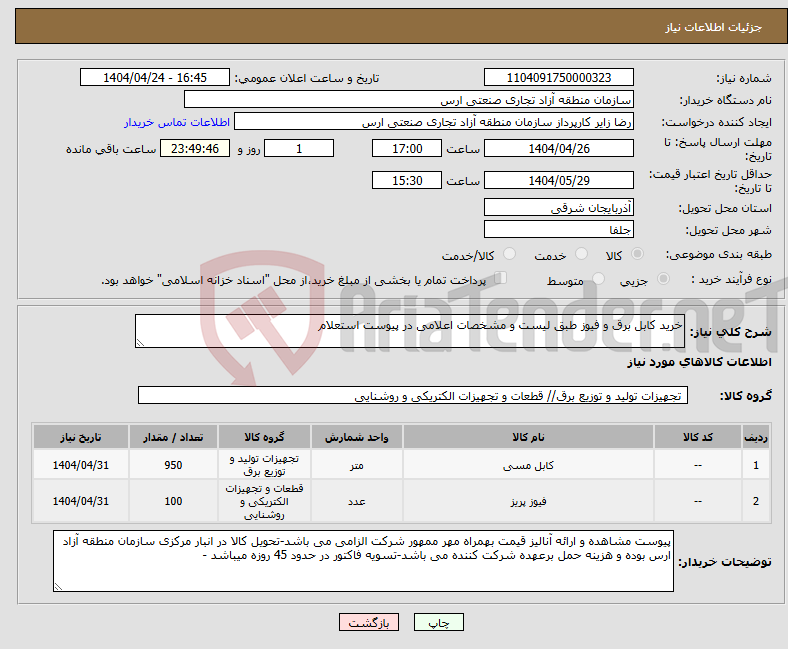 تصویر کوچک آگهی نیاز انتخاب تامین کننده-خرید کابل برق و فیوز طبق لیست و مشخصات اعلامی در پیوست استعلام 