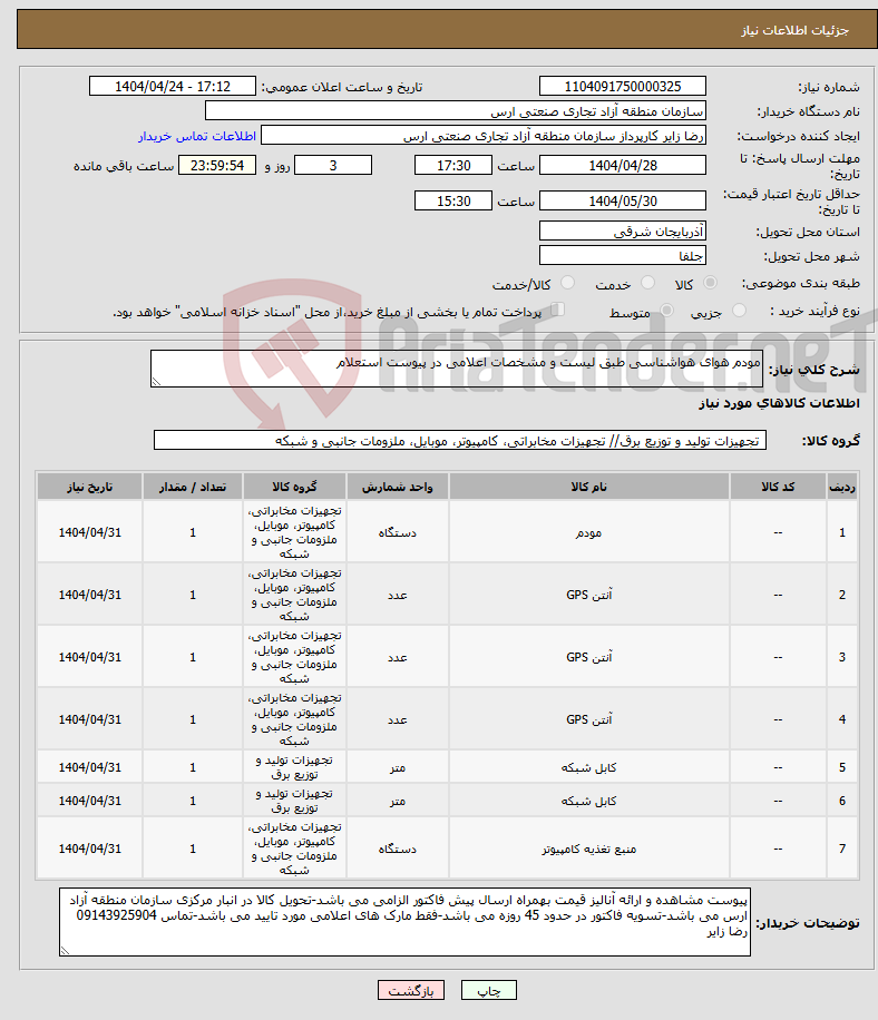تصویر کوچک آگهی نیاز انتخاب تامین کننده-مودم هوای هواشناسی طبق لیست و مشخصات اعلامی در پیوست استعلام
