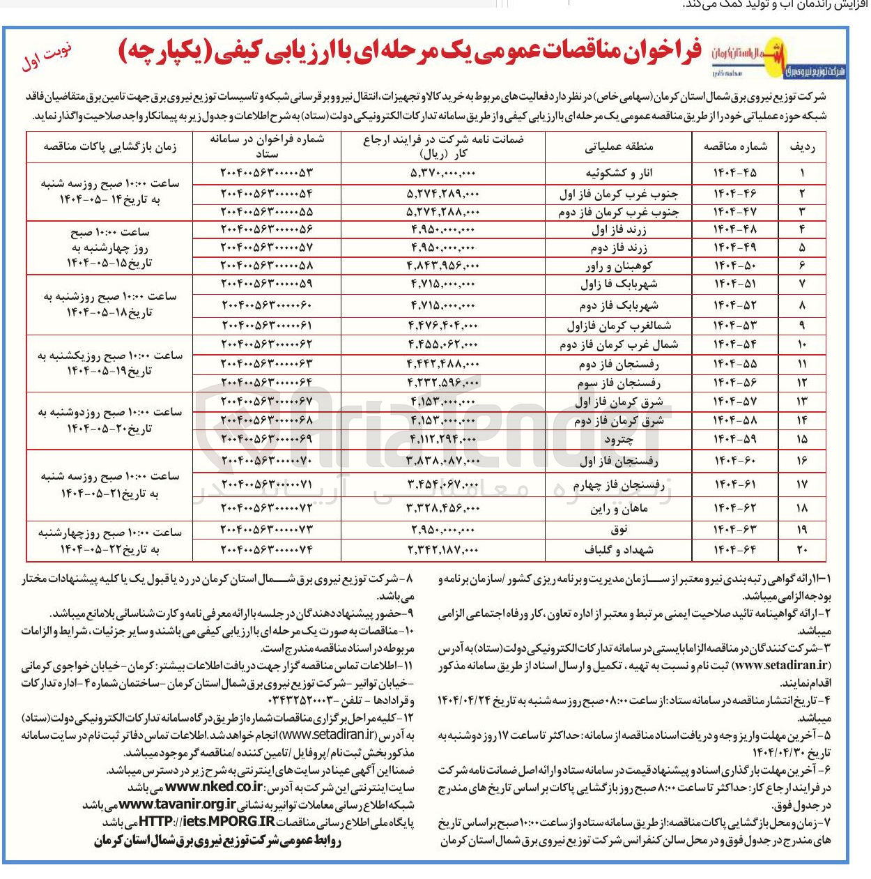 تصویر کوچک آگهی خرید کالا و تجهیزات انتقال نیرو و برقرسانی شبکه و تاسیسات توزیع نیروی برق جهت تامین برق متقاضیان فاقد شبکه حوزه عملیاتی 