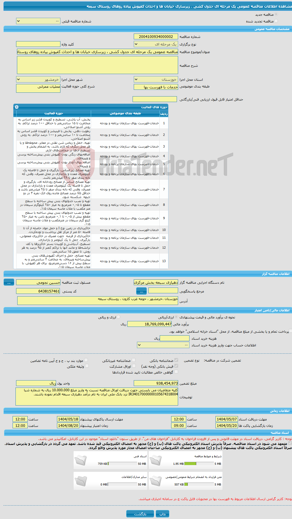 تصویر کوچک آگهی مناقصه عمومی یک مرحله ای جدول کشی ، زیرسازی خیابان ها و احداث کفپوش پیاده روهای روستای سبعه