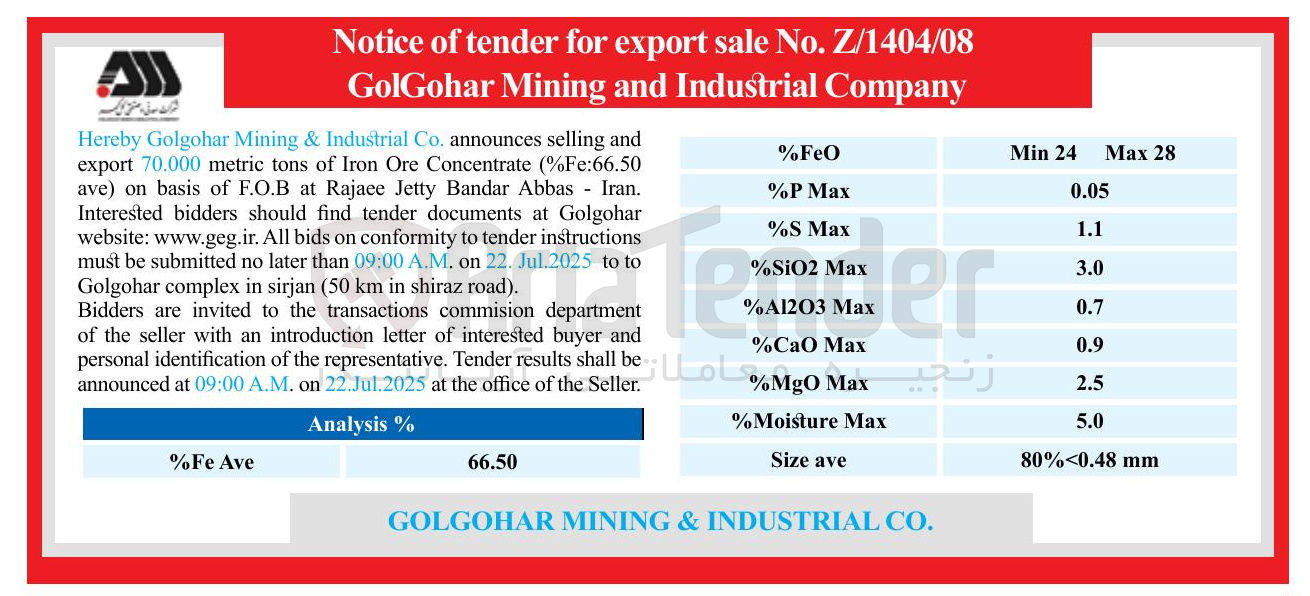 تصویر کوچک آگهی and selling announces Fe:66.50 % ( Concentrate Ore Iron of tons metric 70.000 export ) ave