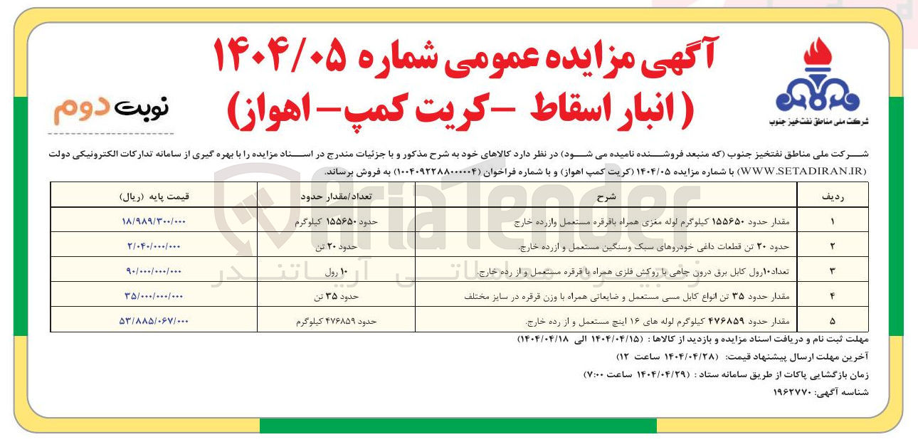 تصویر کوچک آگهی حدود ۲۰ تن قطعات داغی خودروهای سبک و سنگین مستعمل و از رده خارج 
