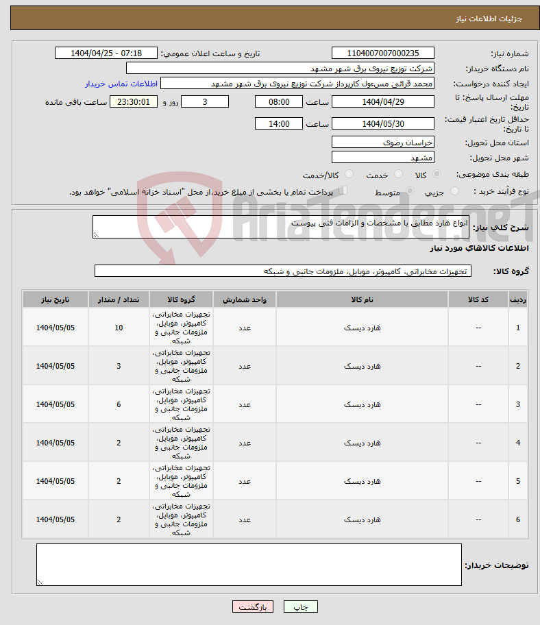 تصویر کوچک آگهی نیاز انتخاب تامین کننده-انواع هارد مطابق با مشخصات و الزامات فنی پیوست