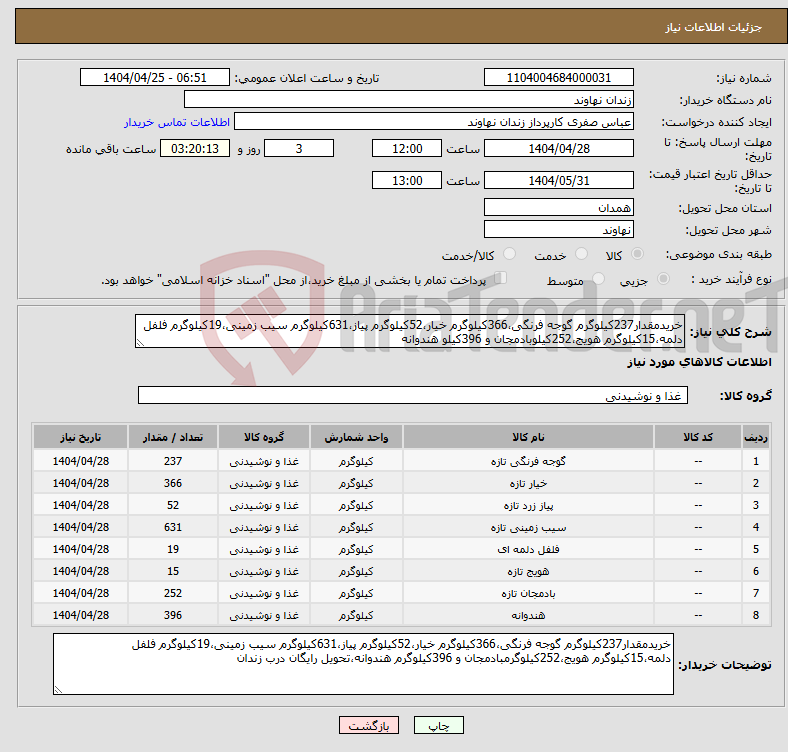 تصویر کوچک آگهی نیاز انتخاب تامین کننده-خریدمقدار237کیلوگرم گوجه فرنگی،366کیلوگرم خیار،52کیلوگرم پیاز،631کیلوگرم سیب زمینی،19کیلوگرم فلفل دلمه،15کیلوگرم هویج،252کیلوبادمجان و 396کیلو هندوانه