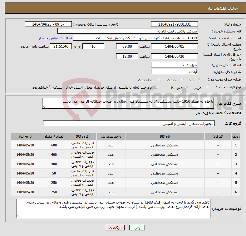 تصویر کوچک آگهی نیاز انتخاب تامین کننده-6 قلم به تعداد 1950 جفت دستکش /ارائه پیشنهاد فنی ومالی به صورت جداگانه الزامی می باشد 