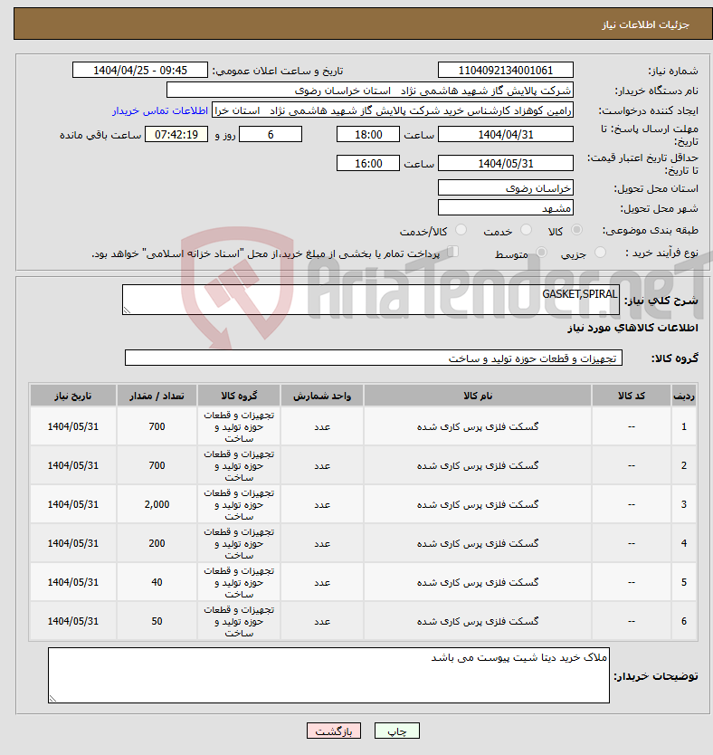 تصویر کوچک آگهی نیاز انتخاب تامین کننده-GASKET,SPIRAL