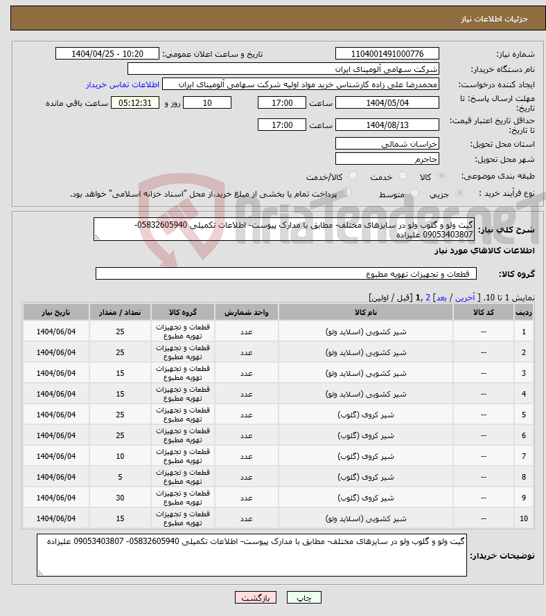 تصویر کوچک آگهی نیاز انتخاب تامین کننده-گیت ولو و گلوب ولو در سایزهای مختلف- مطابق با مدارک پیوست- اطلاعات تکمیلی 05832605940- 09053403807 علیزاده