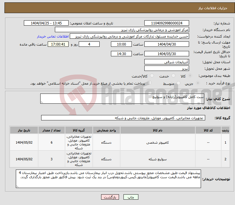 تصویر کوچک آگهی نیاز انتخاب تامین کننده-ست کامل کامپیوتر(رایانه) و سوئیچ