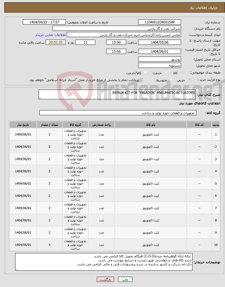 تصویر کوچک آگهی نیاز انتخاب تامین کننده-REPAIR KIT FOR "PALADON" PNEUMATIC ACTUATORS