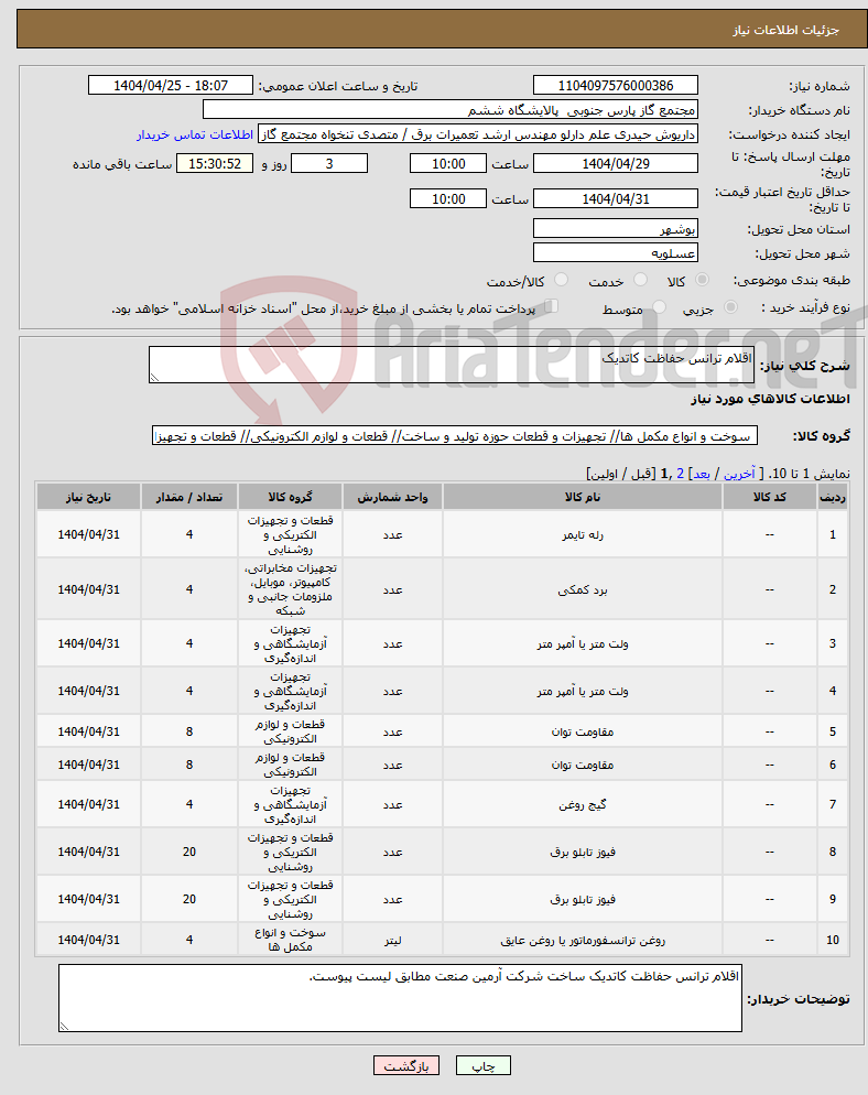 تصویر کوچک آگهی نیاز انتخاب تامین کننده-اقلام ترانس حفاظت کاتدیک