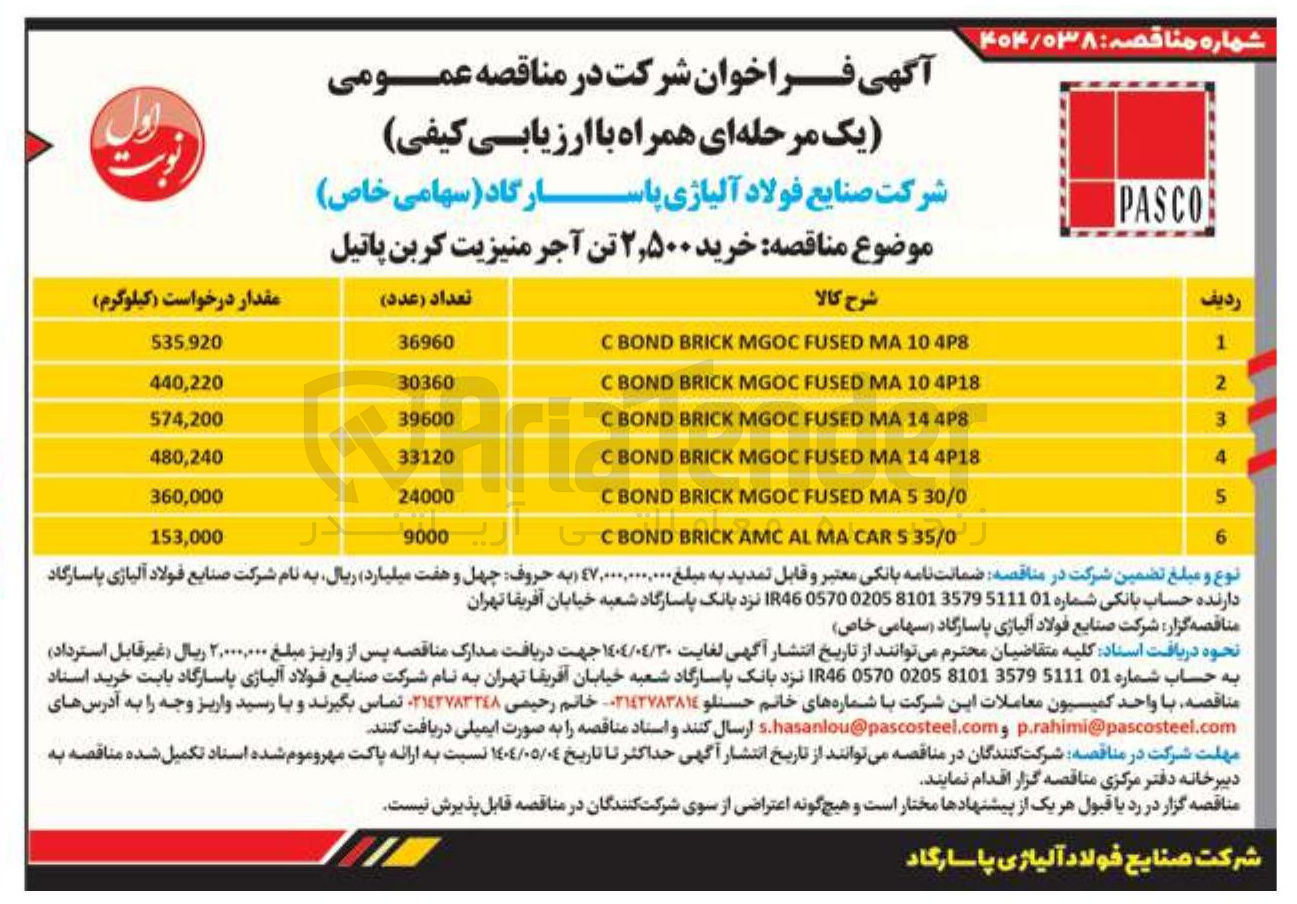 تصویر کوچک آگهی خرید ۲,۵۰۰ تن آجر منیزیت کربن پاتیل 

