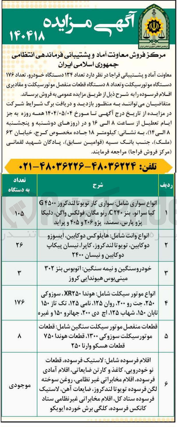 تصویر کوچک آگهی فروش تعداد ۱۳۴ دستگاه خودرو تعداد ۱۷۶ دستگاه موتورسیکلت و تعداد ۸ دستگاه قطعات منفصل موتور سیکلت و مقادیری اقلام فرسوده 