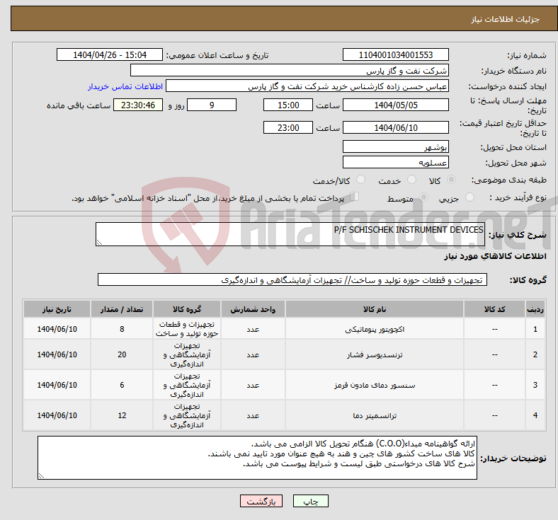 تصویر کوچک آگهی نیاز انتخاب تامین کننده-P/F SCHISCHEK INSTRUMENT DEVICES