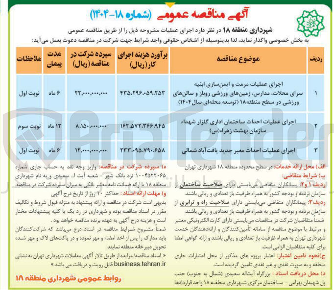 تصویر کوچک آگهی اجرای عملیات مرمت و ایمن سازی ابنیه سرای محلات مدارس زمینهای ورزشی روباز و سالنهای ورزشی