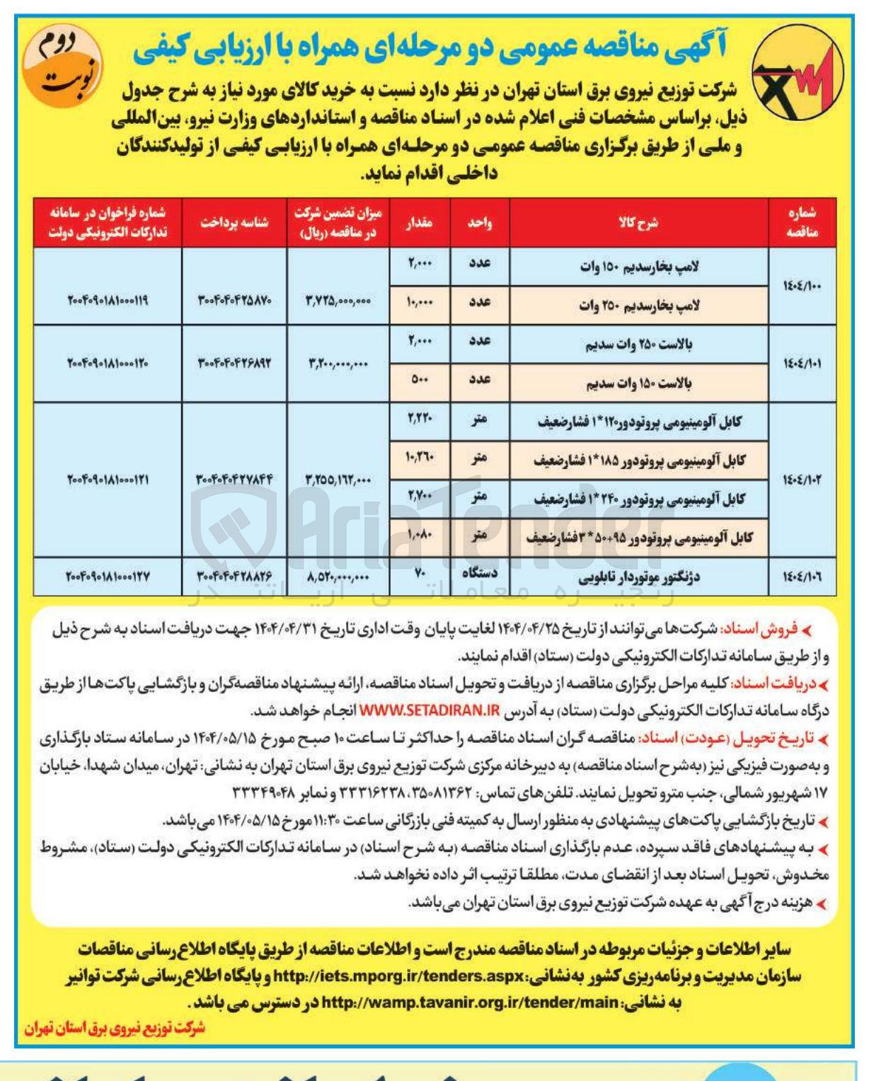 تصویر کوچک آگهی لامپ بخار سدیم ۲۵۰ وات 
