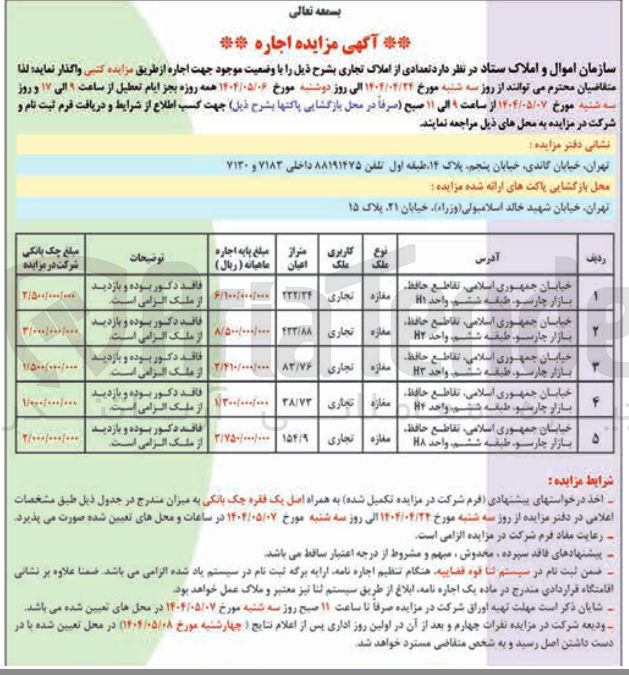 تصویر کوچک آگهی فروش تعدادی از املاک تجاری در 5 ردیف 