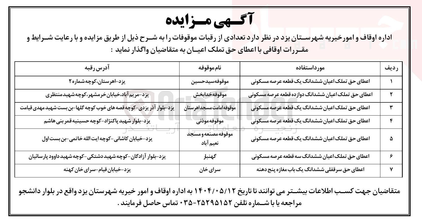تصویر کوچک آگهی واگذاری تعدادی از رقبات موقوفات در 7 ردیف با کاربری تجاری و مسکونی