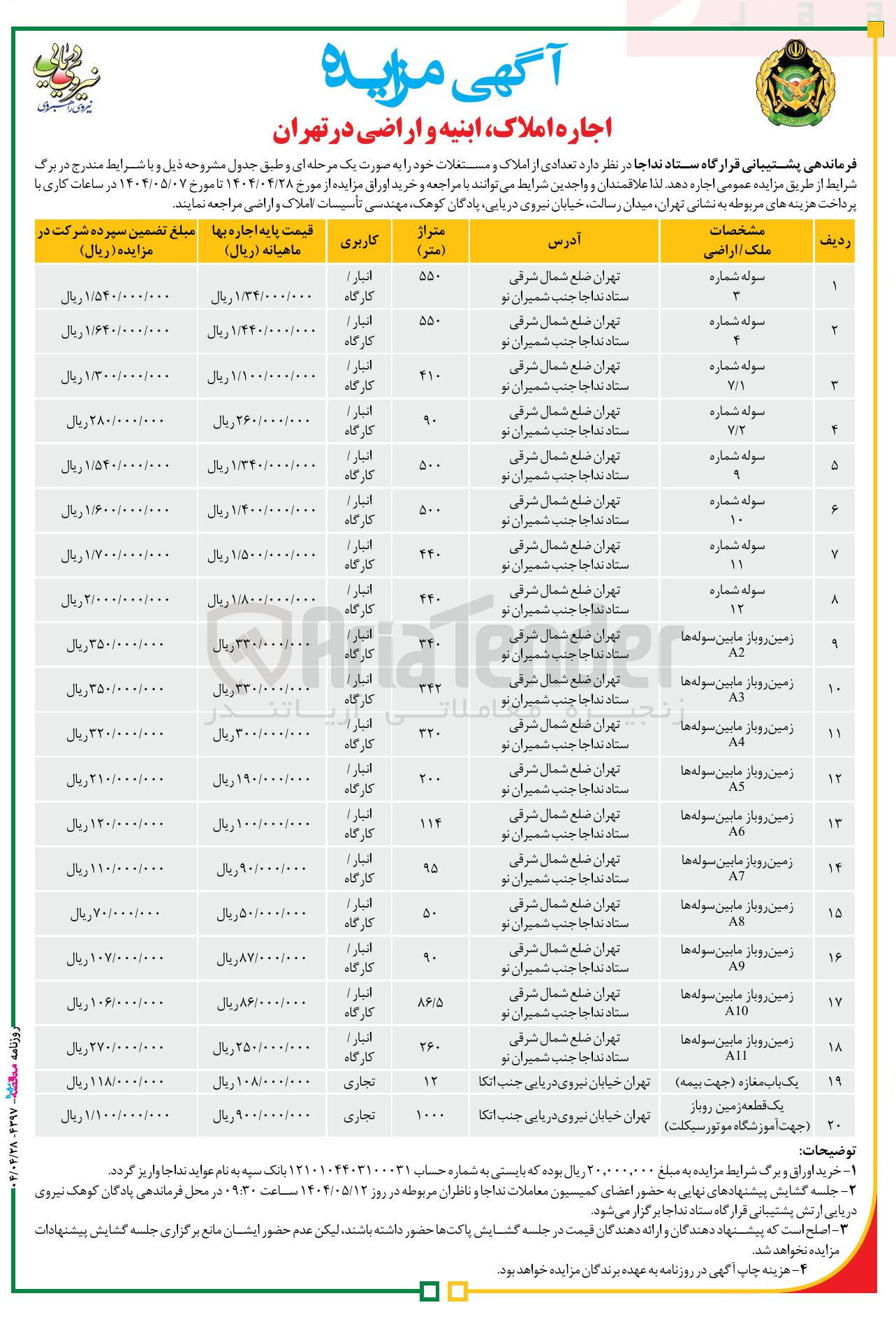 تصویر کوچک آگهی اجاره املاک ابنیه و اراضی در 20 ردیف با کاربری انبار / کارگاه