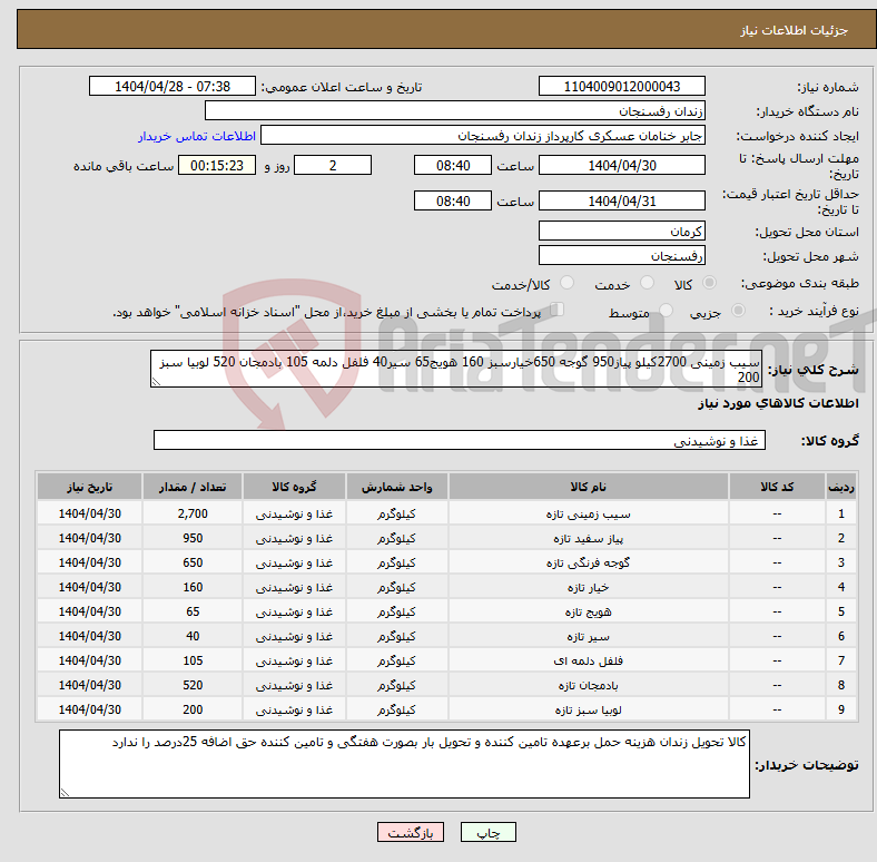 تصویر کوچک آگهی نیاز انتخاب تامین کننده-سیب زمینی 2700کیلو پیاز950 گوجه 650خیارسبز 160 هویج65 سیر40 فلفل دلمه 105 بادمجان 520 لوبیا سبز 200