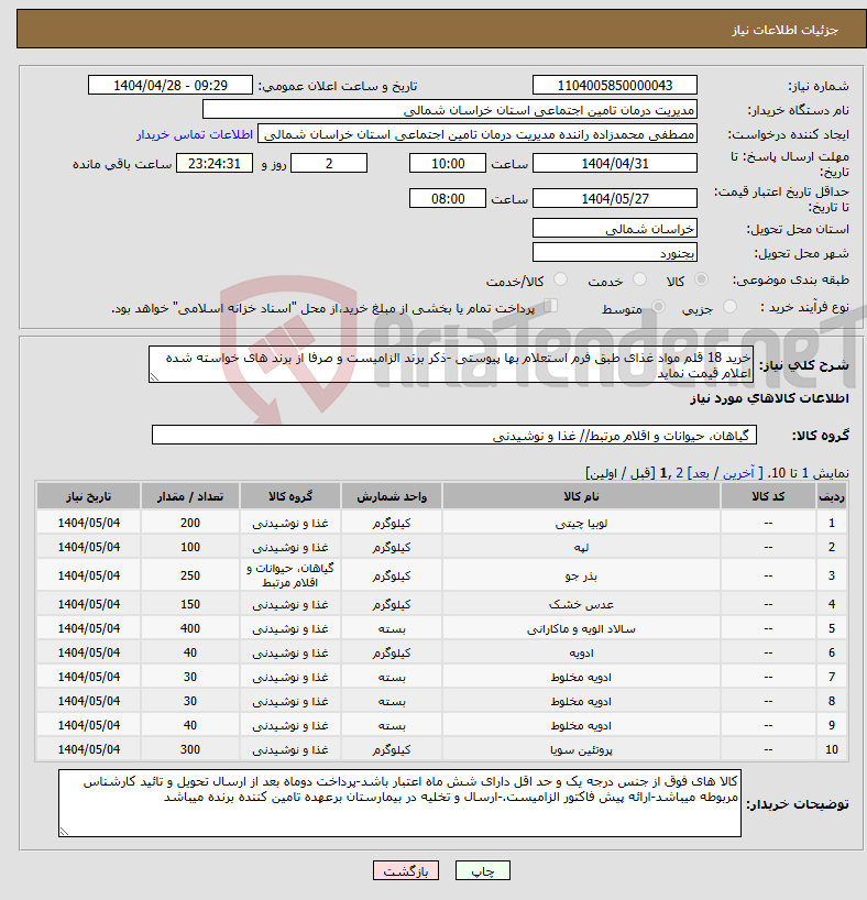 تصویر کوچک آگهی نیاز انتخاب تامین کننده-خرید 18 قلم مواد غذای طبق فرم استعلام بها پیوستی -ذکر برند الزامیست و صرفا از برند های خواسته شده اعلام قیمت نماید 