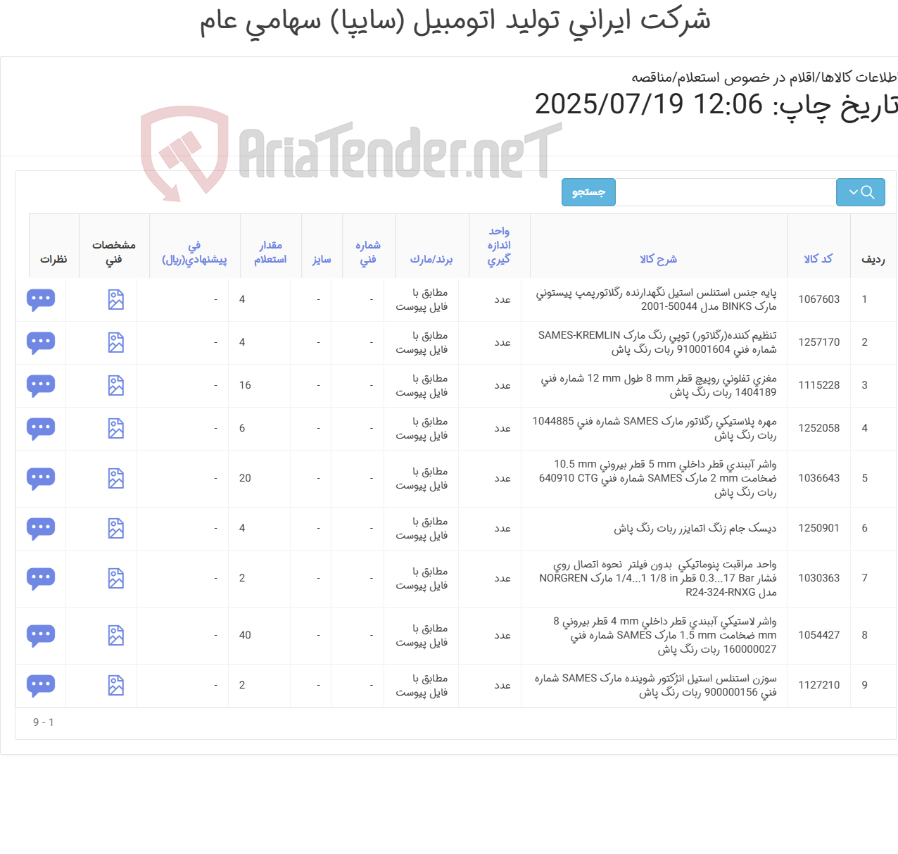 تصویر کوچک آگهی نه ردیف قطعات ربات رنگپاش SAMES
