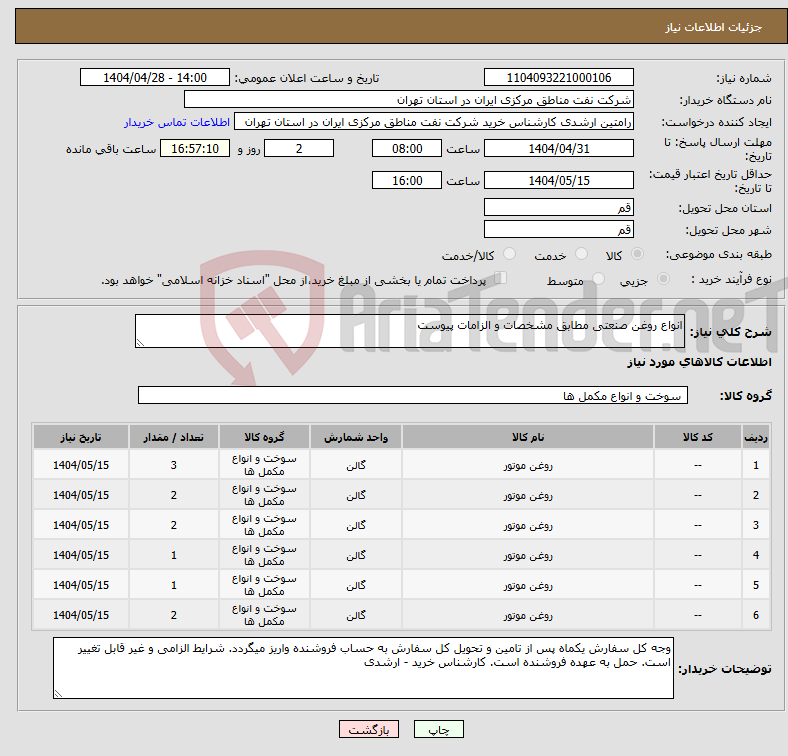 تصویر کوچک آگهی نیاز انتخاب تامین کننده-انواع روغن صنعتی مطابق مشخصات و الزامات پیوست