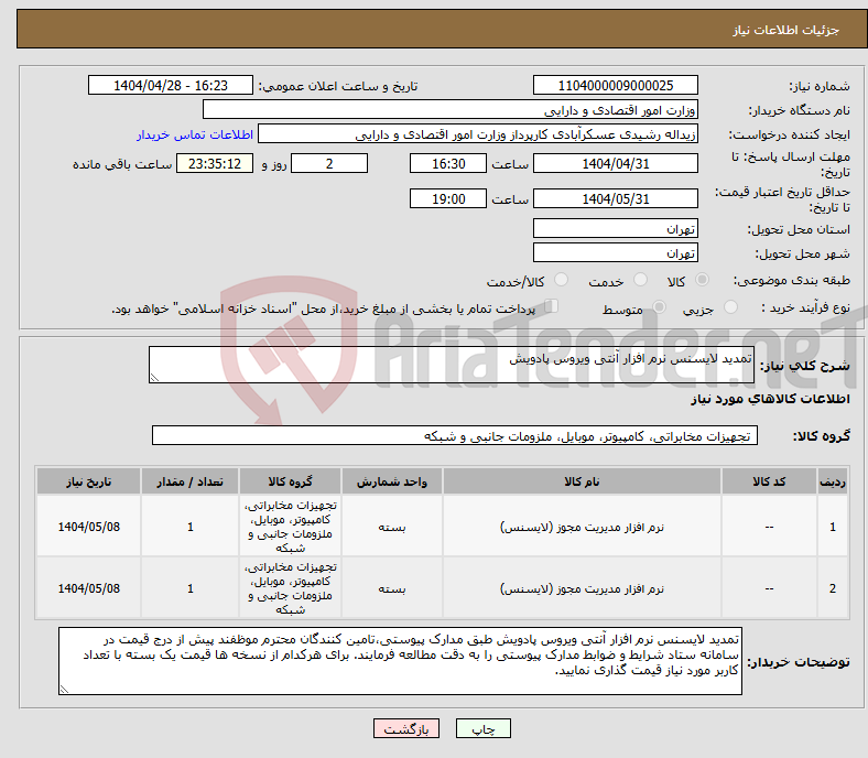 تصویر کوچک آگهی نیاز انتخاب تامین کننده-تمدید لایسنس نرم افزار آنتی ویروس پادویش