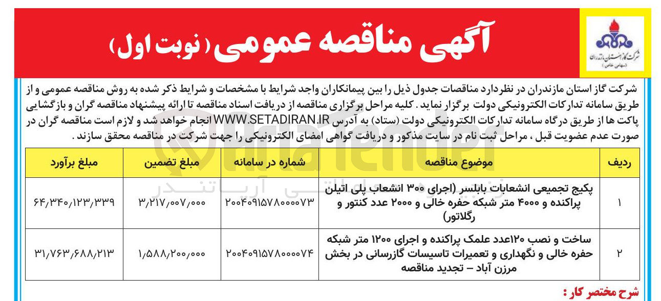 تصویر کوچک آگهی ساخت و نصب ۱۲۰ عدد علمک پراکنده و اجرای ۱۲۰۰ متر شبکه حفره خالی و نگهداری و تعمیرات تاسیسات گازرسانی