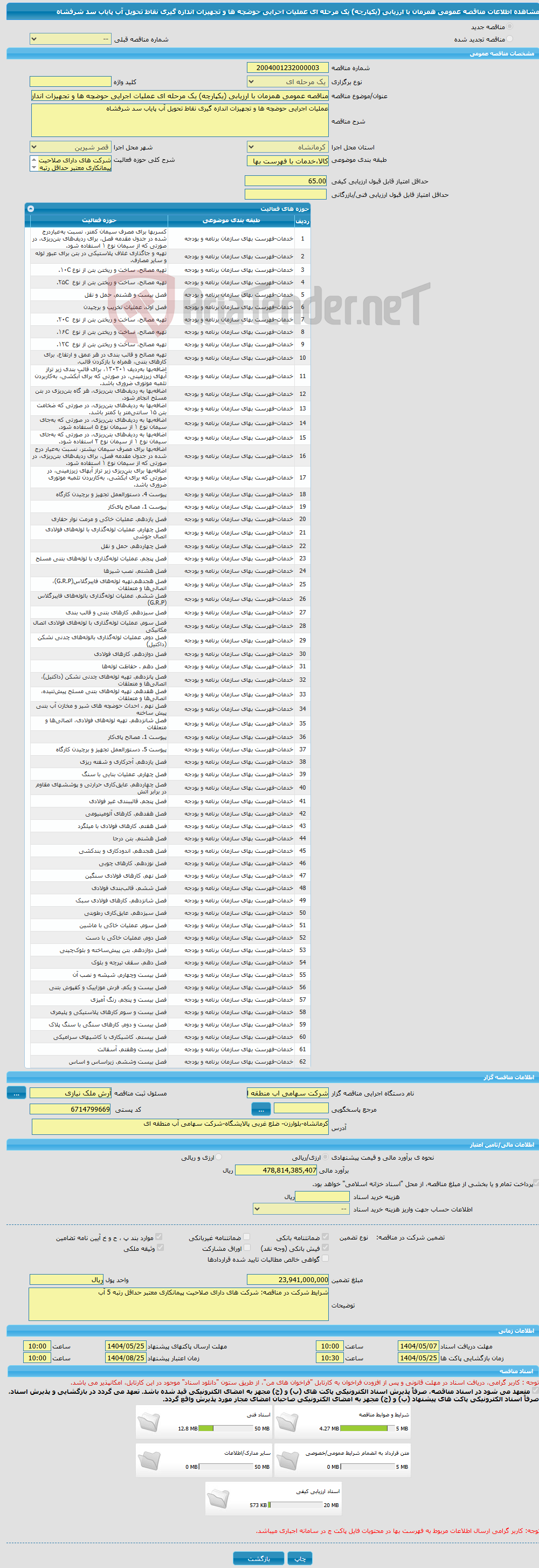 تصویر کوچک آگهی مناقصه عمومی همزمان با ارزیابی (یکپارچه) یک مرحله ای عملیات اجرایی حوضچه ها و تجهیزات اندازه گیری نقاط تحویل آب پایاب سد شرفشاه
