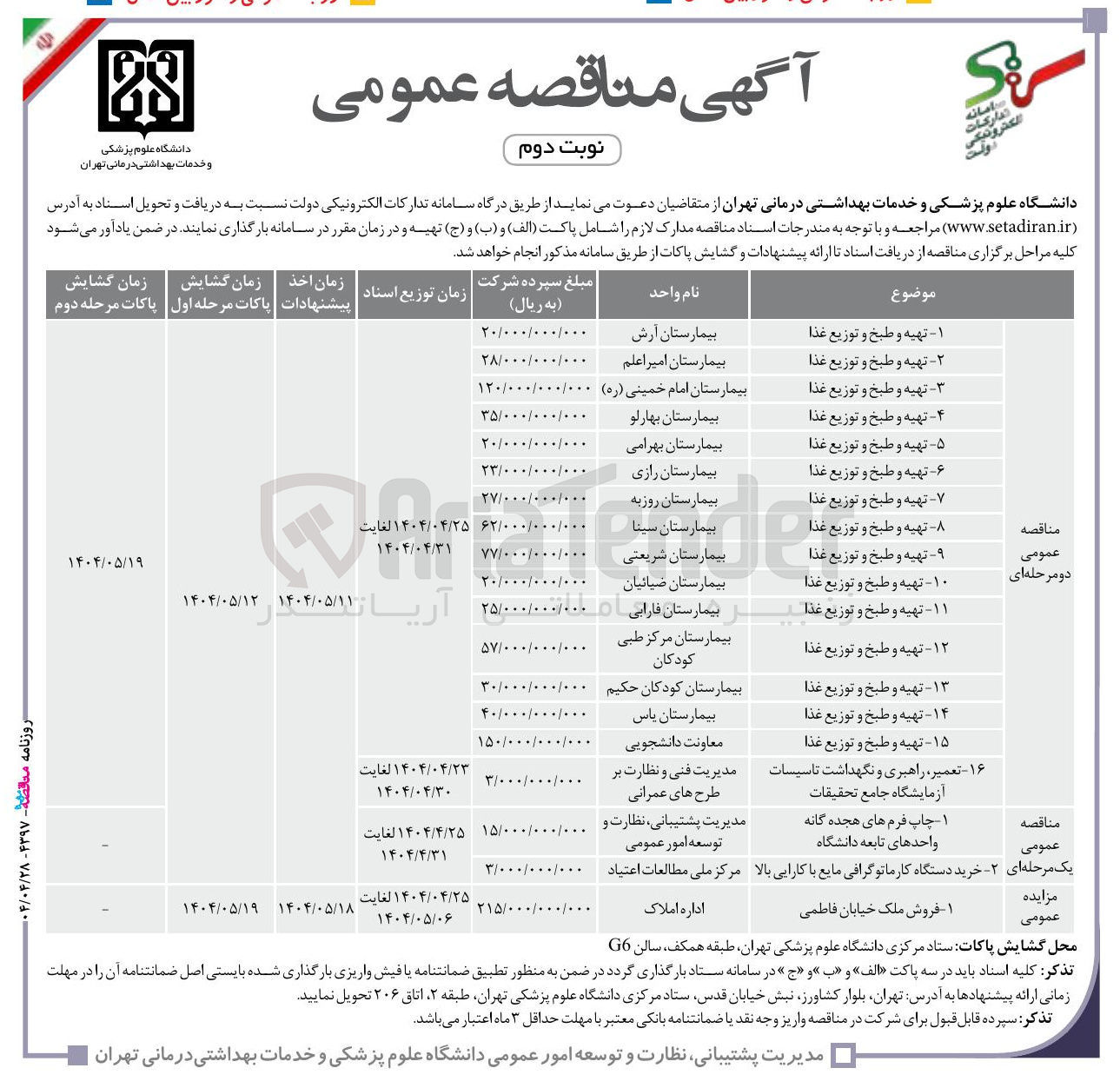 تصویر کوچک آگهی تهیه و طبخ و توزیع غذا