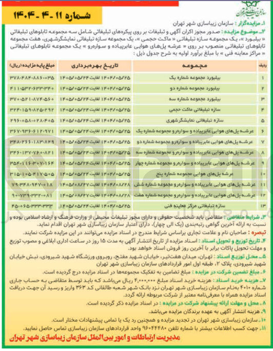 تصویر کوچک آگهی صدور مجوز اکران آگهی و تبلیغات بر روی پیکره های تبلیغاتی شامل سه مجموعه تابلوهای تبلیغاتی ه بیلبورد » یک مجموعه سازه تبلیغاتی ماکت حجمی » یک مجموعه سازه تبلیغاتی نمایشگر شهری ، هفت مجموعه تابلوهای تبلیغاتی منصوب بر روی - عرشه پلهای هوایی عابر پیاده و سواره رو یک مجموعه تابلوهای تبلیغاتی  « مراکز معاینه فنی»