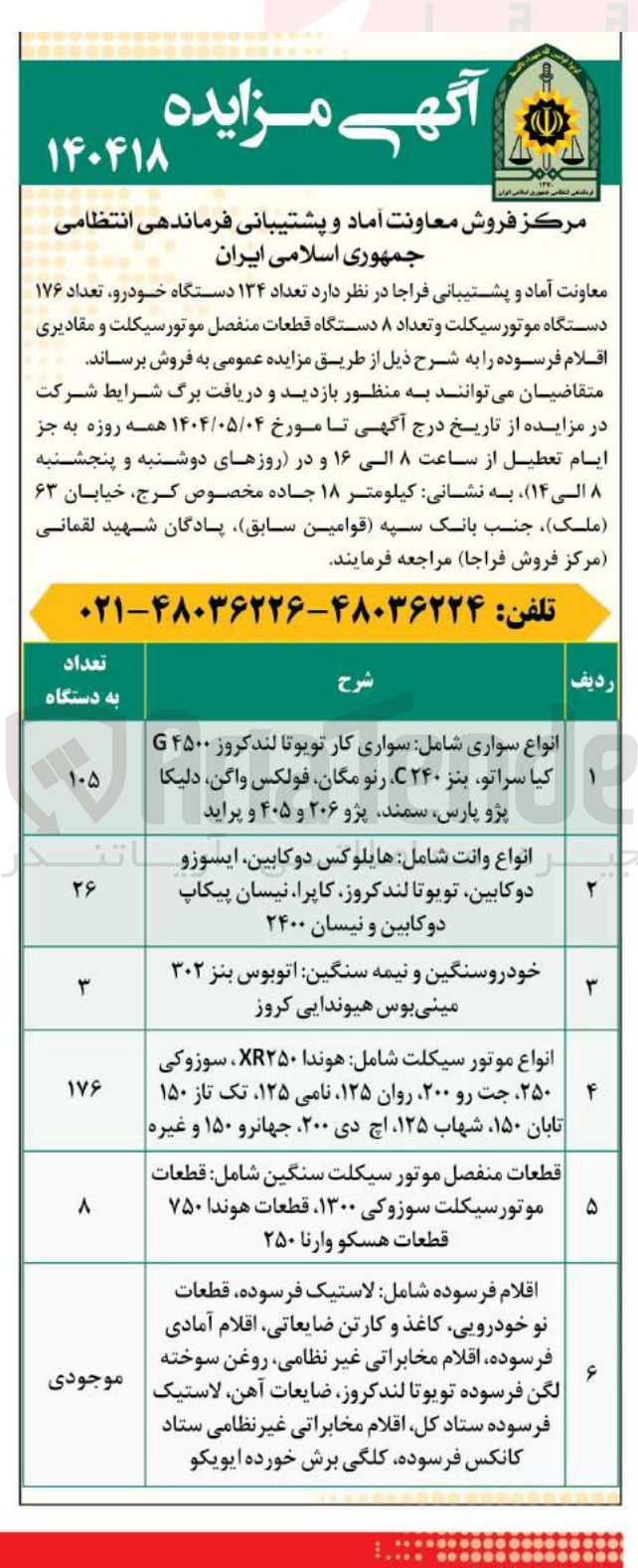 تصویر کوچک آگهی  تعداد ۱۳۴ دستگاه خودرو ، تعداد ۱۷۶ دستگاه موتور سیکلت و تعداد ۸ دستگاه قطعات منفصل موتور سیکلت و مقادیری اقلام فرسوده