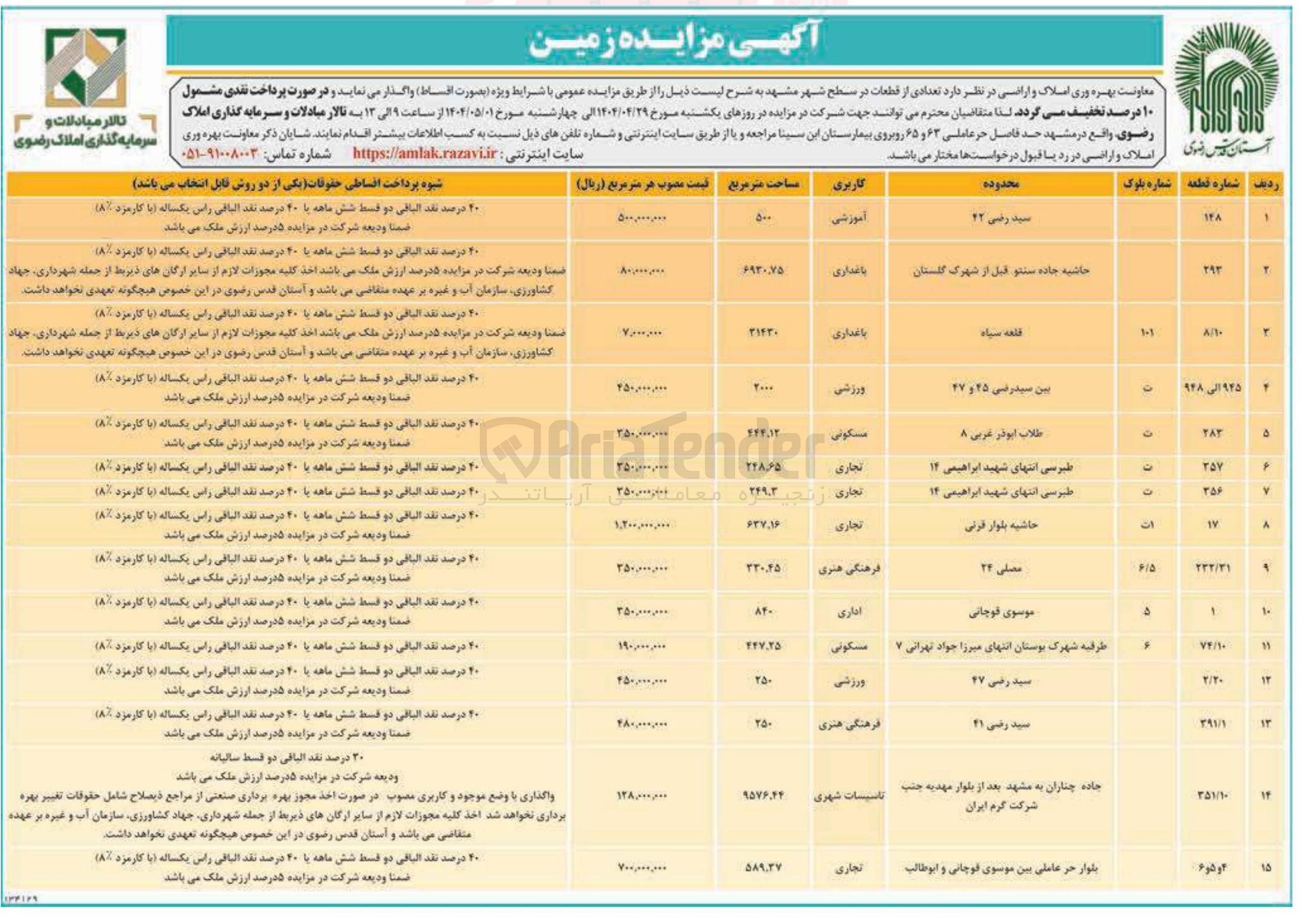 تصویر کوچک آگهی فروش تعدادی از قطعات در 15 ردیف با کاربری آموزشی - باغداری - ورزشی - مسکونی - تجاری - اداری - فرهنگی هنری