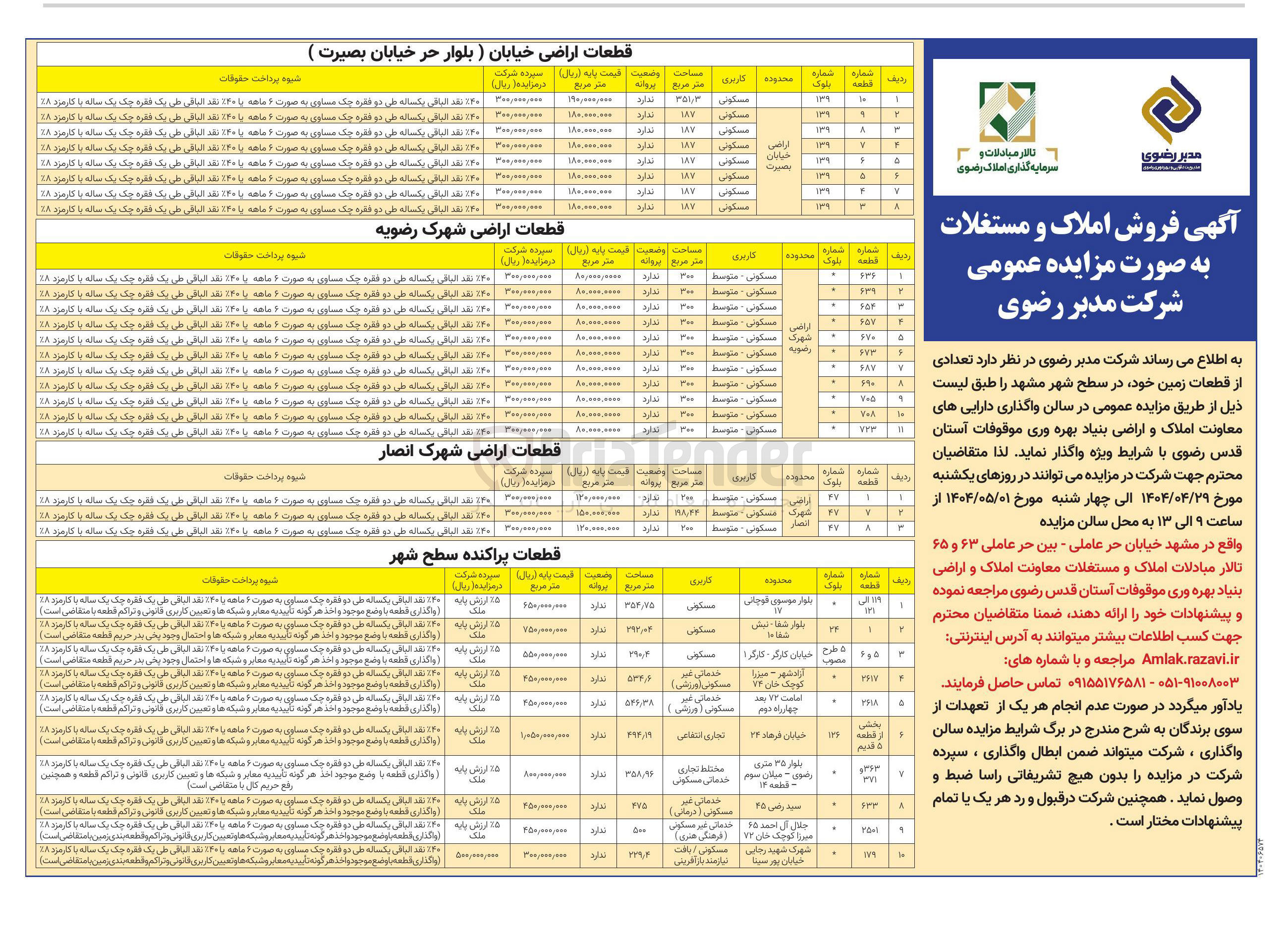 تصویر کوچک آگهی فروش تعدادی از قطعات زمین در 32 ردیف با کاربری مسکونی - خدماتی - ورزشی - تجاری - درمانی - فرهنگی هنری