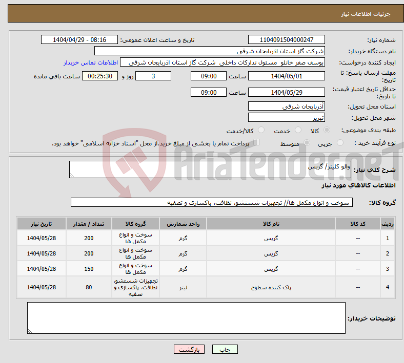 تصویر کوچک آگهی نیاز انتخاب تامین کننده-والو کلینر/ گریس