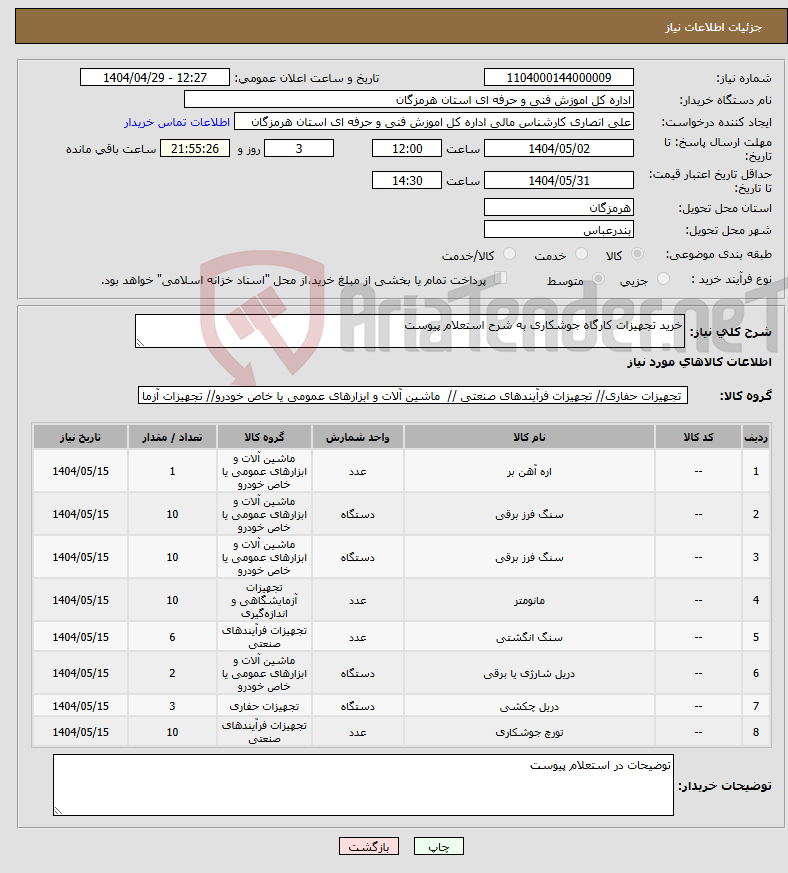 تصویر کوچک آگهی نیاز انتخاب تامین کننده-خرید تجهیزات کارگاه جوشکاری به شرح استعلام پیوست