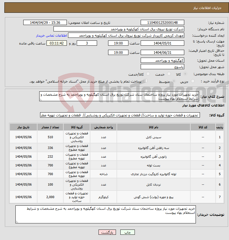 تصویر کوچک آگهی نیاز انتخاب تامین کننده-خرید تجهیزات مورد نیاز پروژه ساختمان ستاد شرکت توزیع برق استان کهگیلویه و بویراحمد به شرح مشخصات و شرایط استعلام بهاء پیوست