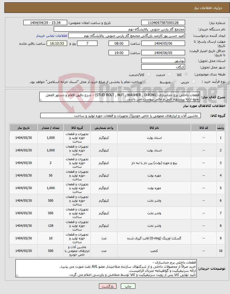 تصویر کوچک آگهی نیاز انتخاب تامین کننده-قطعات داخلی برج جداسازی (STUD BOLT , NUT , WASHER , O-RING) - شرح دقیق اقلام و دستور العمل نحوه ارایه پیشنهاد فنی و مالی پیوست می باشد.