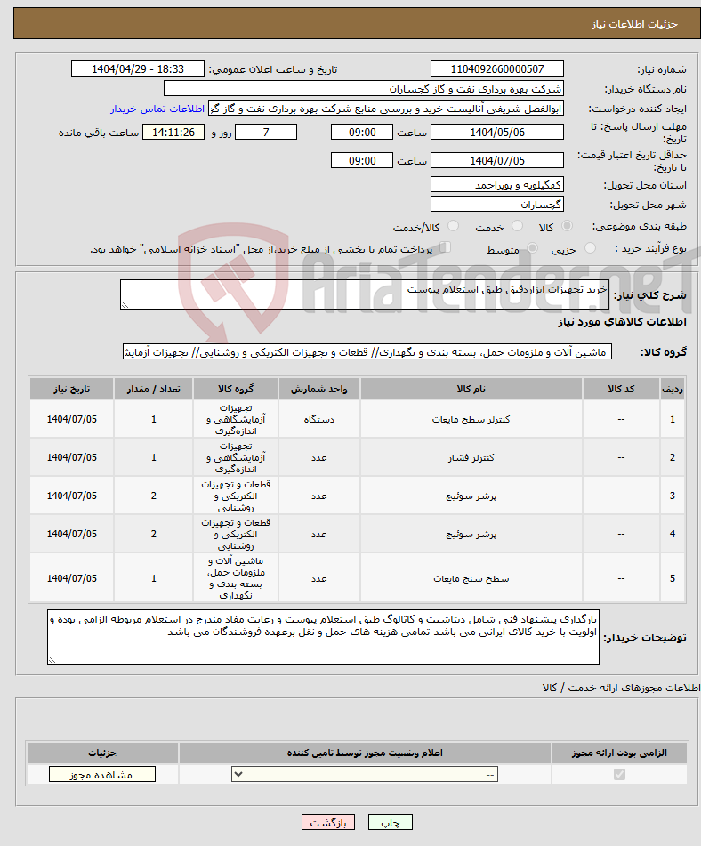 تصویر کوچک آگهی نیاز انتخاب تامین کننده-خرید تجهیزات ابزاردقیق طبق استعلام پیوست